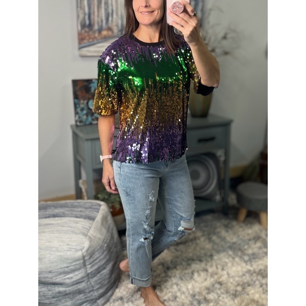 Mardi Gras Sequined Ombre Short Sleeves Cropped Parade Purple Green Gold 0923 - Picture 2 of 9